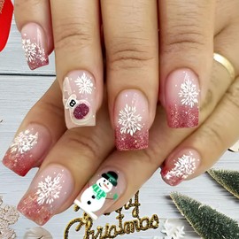 Christmas Press on Square Nails Short Length Glossy Full Cover Acrylic Xmas False Nails with Snowflake Designs Artificial Square Shaped Fake Nails with Charms Glue ons Fingernails for Women(YS456)