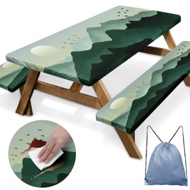 Nesphy Mountain Gold Green Picnic Table Cover with Bench Covers, Abstract Line Arts Birds Tree Outdoor Camping Essentials 6FT 3PCS Fitted Rectangle RV Must Haves Tablecloth with Drawstring Bag