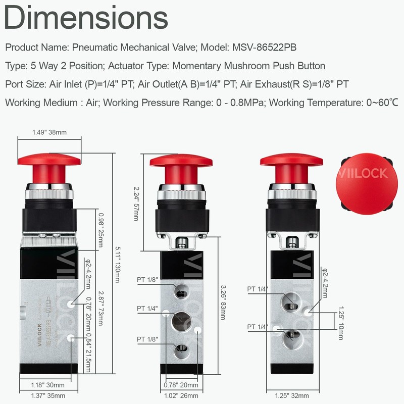 VIILOCK Pneumatic Mechanical Valve, 1/4” NPT 5 Way 2 Position