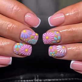 Square Press on Nails Short Fake Nails Colorful French Tip Acrylic Nails with Summer Daisy Designs False Nails Cute Glue on Artificial Nails for Women and Girls 24PCS