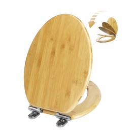 Elongated Bamboo Toilet Seat with Lid Quick Release Slow Close Zinc Alloy Strong Hinges Natural Bamboo, Light, 19-inch