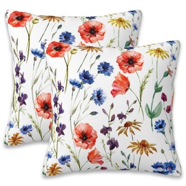 Naqiuli Wildflowers Throw Pillow Covers Set of 2 Watercolor Poppy Pillow Covers 18x18 Inch Modern Farmhouse Home Decorative Pillow Cases Cushion Cover for Sofa Living Room Office