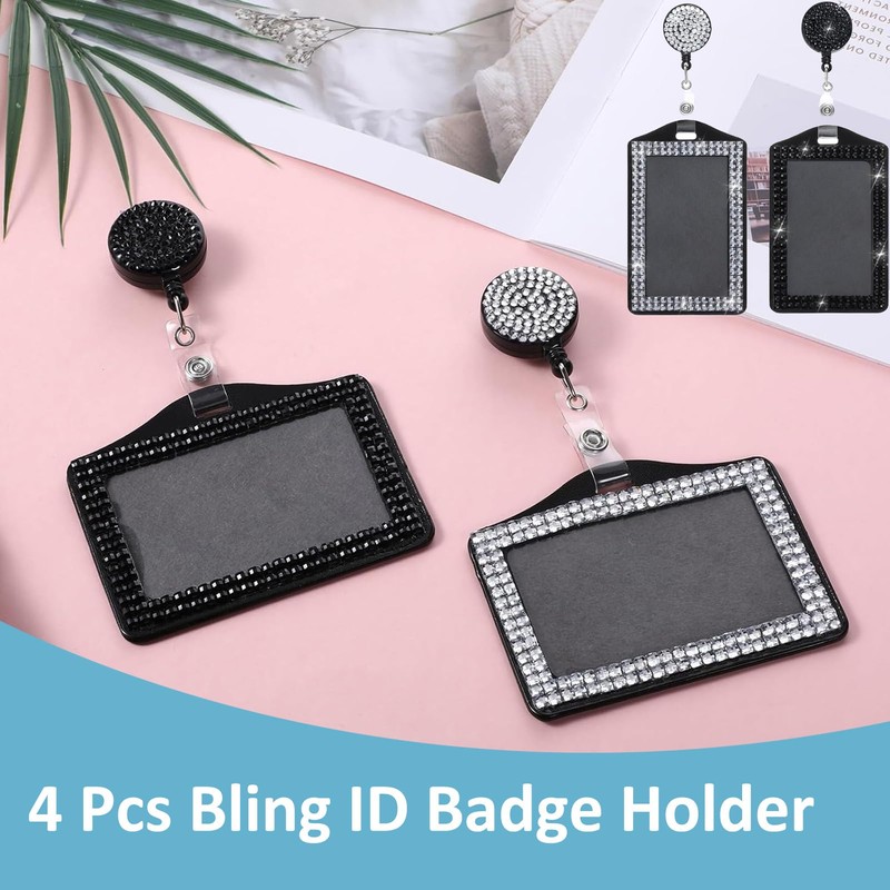 4 Pcs Bling Horizontal Vertical Badge Holder with Retractable Reel,