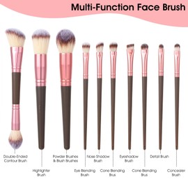 Makeup Brush Sets, 10 Pcs Double-Ended Foundation Brushes with Angled/Round Tops, Brown Champagne Gold for Liquid Powder Cream Blending