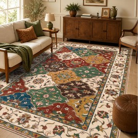 Retro Multi-Color Patchwork Area Rug, Bohemian Vintage Floral Rug, Non-Slip Washable Carpet for Living Room Bedroom