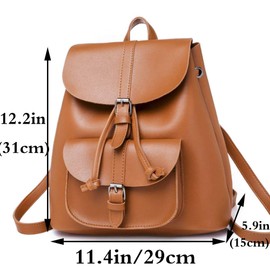 Rullar Women Girls PU Leather Fashion Backpack Drawstring Waterproof Student Backpacks Travel Hiking School Shoulder Bag Casual Daypack Rucksack Purse Brown