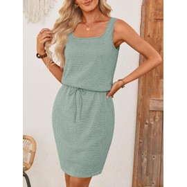 MEROKEETY Women's Summer Mini Sundress Casual Waffle Knit Square Neck Drawstring Beach Tank Dresses, Seagrass, Medium