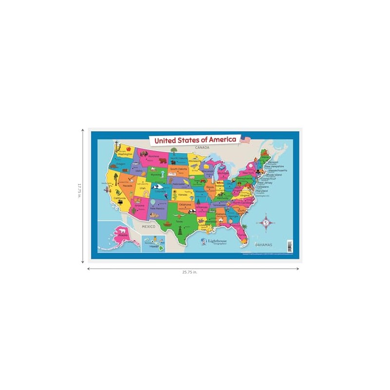 USA Wall Map for Kids with Illustrations- United States Poster