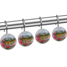 Flower Rose Spring Floral Decorative Shower Curtain Hooks Rings Set of 12 Hooks for Shower Curtain Rustproof Curtain Rings for Bathroom