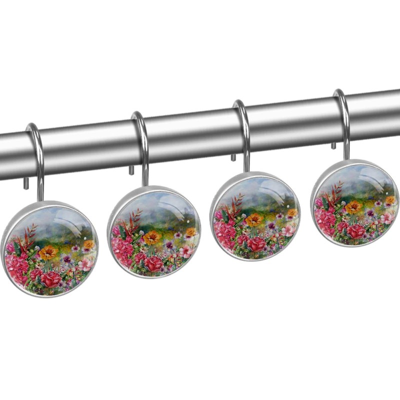 Flower Rose Spring Floral Decorative Shower Curtain Hooks Rings Set