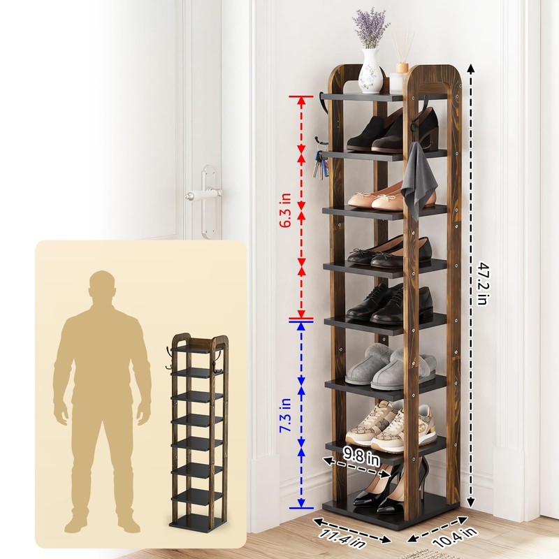 Wooden 8 Tiers Vertical Shoe Rack with Hooks