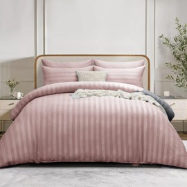 Simply Amelia King Size Duvet Cover Sets Stripes Satin Quilt Cover Bedding Sets with Pillowcases Hypoallergenic Ultra Soft Microfiber (Blush, 220 x 230 cm)