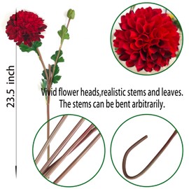 ATFL Artificial Silk Flowers Dahlia 24'in Fake Long Stem Flower,5 Pcs Red Dahlia Suitable for Wedding Decoration Bouquets,Core Decorations,Home Furnishings (5, red)