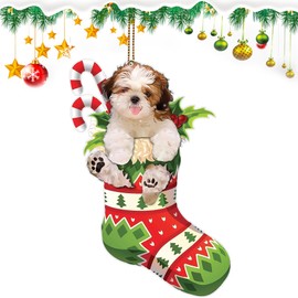 Dog Christmas Ornaments, 2024 Shih Tzu Dog Xmas Decor Sock Ornament Tree Hanging Tree Topper, Acrylic Ornaments Christmas Decoration for Tree Room (Shih Tzu)