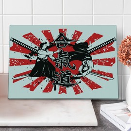 Ambesonne Japanese Cutting Board, Crossed Samurai Hieroglyph Background 2 Ronin Aikido Eastern Fight Style, Decorative Tempered Glass Cutting and Serving Board, Large Size, Orange Black White