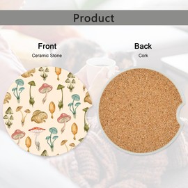 Retro Colored Mushrooms Car Coasters,Ceramic Absorbent Cup Holders with Finger Notch & Cork Base Car Assecories for Women/Men 2.6"(2 Pieces)