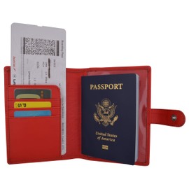 Leather Passport Holder Cover Wallet Card Case Travel Document Organizer Snap Closure (Red)