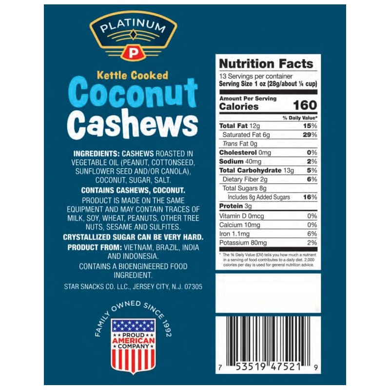 Platinum Kettle Cooked Coconut Cashews - Plant Based Protein, Fiber,