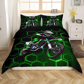 Loussiesd Green Honeycomb Dirt Bike Duvet Cover Set Double Size For Kids Boys Teens Men Extreme Sports Bedding Set Hexagonal Geometric Comforter Cover with 2 Pillowcases Motorbike Beds Set