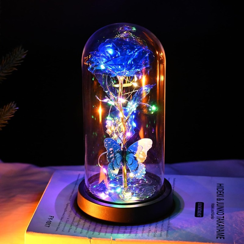 Valentines Day Romantic Gift Galaxy Rose LED Glass Dome Butterfly