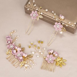 4PCS Hair Comb Set - Wedding Floral Hair Accessories for Women, Baby Purple Flower Hairs Pins, Vintage Wedding Hair Clips, Bridesmaid, Mother of Bride, Rose Gold Decorations