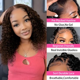 Amygirl Wear and Go Glueless Wigs Human Hair Pre Plucked Pre Cut Bob 4x4 Curly Wave Lace Front Wigs Human Hair 180% Density No Glue Wigs for Black Women, Chocolate Brown, 14 Inch