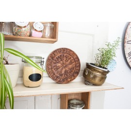 Windalf Nordic Wooden Picture VEGVISIR Diameter 23 cm Viking Compass with Futhark Wall Ornament Wall Relief Nordic Mythology Handmade from Wood