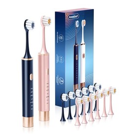 Aneebart Cepillo de dientes eléctrico azul y rosa para adultos, cepillo de dientes sónico recargable por USB con 12 cabezales de cepillo, temporizador
