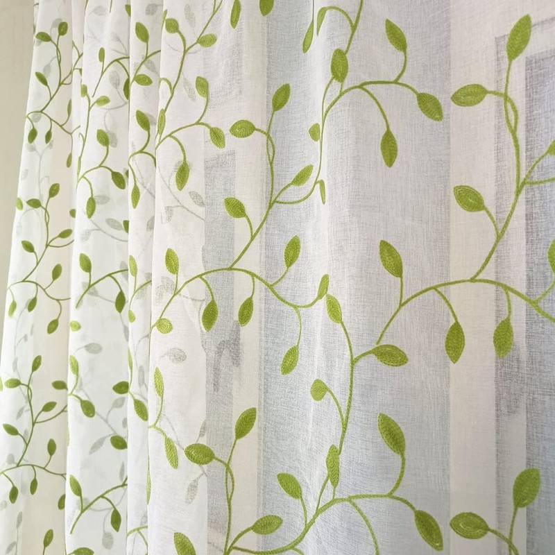 TIYANA Leaf Pattern Lace Curtains, Light Green Ivy Leaves, Set