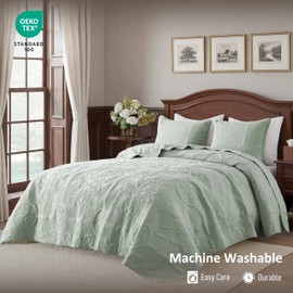 B2EVER Sage Green Damask Quilt Twin Size Bedding Sets with 1 Pillow Sham, Boho Bedspread Lightweight Soft Farmhouse Vintage Bohemian Coverlet Retro Jacquard Pattern Bed Cover for All Season, 2 Pieces