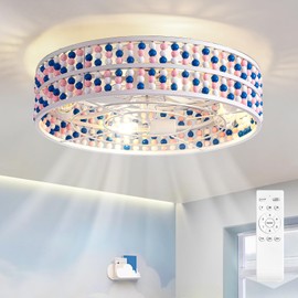 Moooni Colorful Wood Beaded Ceiling Fan with Light 19 inch Boho Wood Beaded Fandelier 6 Speed Flush Mount Ceiling Fan with Light Boho Fandelier