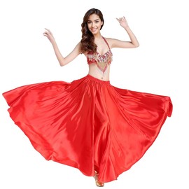 Wuchieal Belly Dance Satin Skirt Professional Dancer Shiny Swing Dance Skirt, red