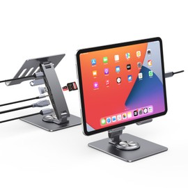 HC Adjustable Tablet Stand with USBC Hub 7-in-1, Aluminum Tablet Holder with Docking Station, 360 Swivel Base, 4K HDMI, 100W PD Charging, USB 3.0, SD/TF Reader, 3.5mm Audio, for iPad with USB-C Port