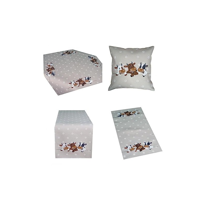 Tablecloth Table Runner Cushion Cover Cows Crank Embroidery Beige Brown