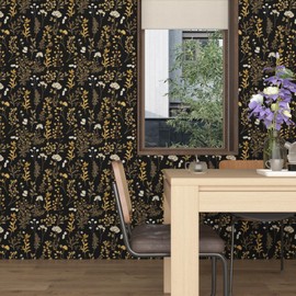 Vintage Floral Wallpaper Peel and Stick, Black Gold Botanical Contact Paper, 17.5" x 118" Dark Golden Antique Boho Wall Paper Self Adhesive Removable Waterproof for Bedroom Cabinet Drawer Table Decor