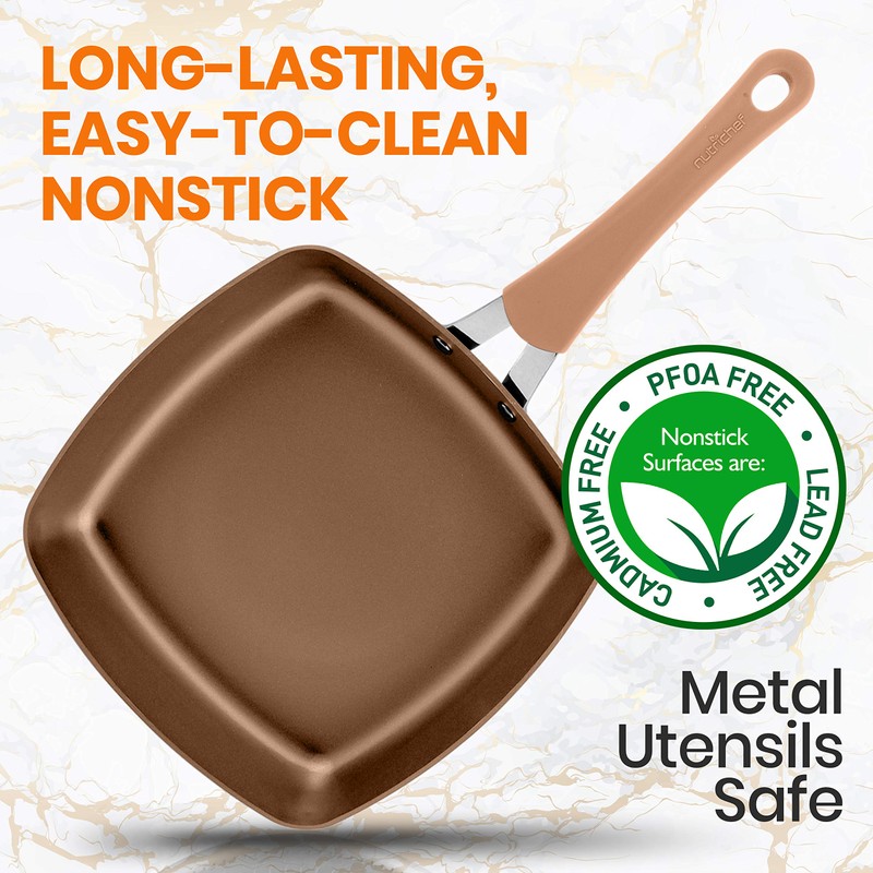 NutriChef 9.45'' Durable Stylish Grill Pan-Non-Stick High-Qualified Cookware, Induction PTFE/PFOA/PFOS-Free