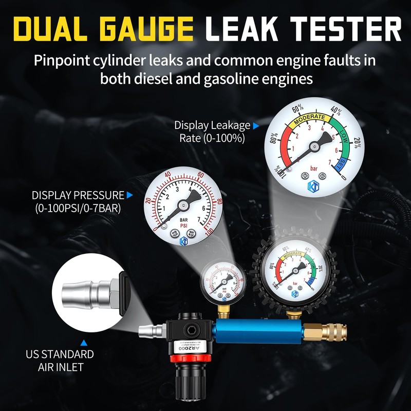 Kuntech 46PCS Compression & Leak Down Tester Kit Dual-Gauge for