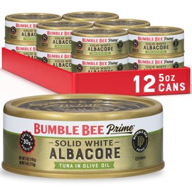 Bumble Bee Prime Solid White Albacore Tuna in Olive Oil, 5 oz Cans (Pack of 12) - Premium Wild Caught Tuna - 30g Protein per Serving - Non-GMO Project Verified, Gluten Free, Kosher