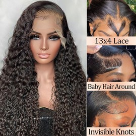 Deep Wave Lace Front Wigs, 66 cm, 13 x 4 HD Transparent Lace Curly Wigs for Women, Real Hair, 150 Density, Glue-Free Wigs, Natural Black (26 Inches)