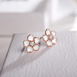 925 Sterling Silver Cherry Blossom Stud Earrings,Cute Flower Ear Studs for Women, Rose Gold Plated, Hypoallergenic Jewelry Gift (White)