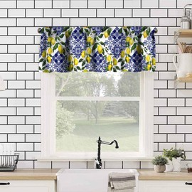 Blue Tiles Lemon Valance Curtain Summer Fruit Chic Rod Pocket Valance Window Treatments Short Curtains for Kitchen Farmhouse Living Room Bathroom Decor 54x18inch