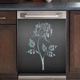 OEME Silver Rose Design Kitchen Decor Dishwasher Magnet Cover, Stainless Steel Pattern Fridge Door Decor Magnetic Vinyl Panel, Magnetic 23inch W x 26inch H