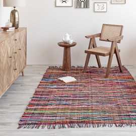 HOMEMONDE Bohemian Chindi Rag Rug with Fringes | 3'x5' ft Reversible Hand-Braided Cotton Recycled Area Rug | Colorful Living Room, Bedroom, Kitchen & Décor