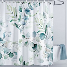 LIVETTY Leaves Shower Curtain 180 x 180 cm Green Leaf Plants Bathroom Curtain Mould Proof Polyester Fabric Bath Curtain with 12 Hooks Bathroom Curtain Washable Quick-Drying