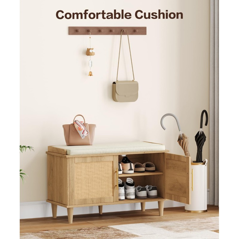 Akxomel Rattan Shoe Storage Bench with Cushion, 2-Tier Entryway Bench