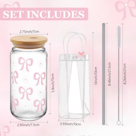 Coquette Bow Aesthetic Cup with Clear Gift Bag, Glass Cups with Lids and Straws, 16 oz Iced Coffee Smoothie, Beer Glass Cup Tumbler Trendy Glass Cup for Girls Bestfriend Sister Girlfriend (Pink Bow)