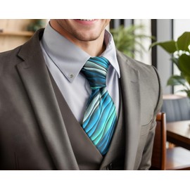 Shiraku to Wing Men's Necktie, Wavy, Blue, Floral, Silk, Green, Silk, 3.5" x 63" Necktie