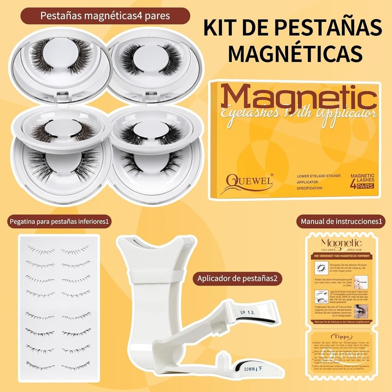 Pestañas magnéticas QUEWEL, 4 pares, reutilizables, con aplicador, sin pegamento,