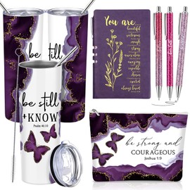 Watersay 6 Pcs Christian Gifts Mother's Day Gift for Church 20oz Marble Tumbler Bible Verse Makeup Bag Inspirational A6 Journal Ballpoint Pens Religious Gifts for Women Pastors Graduation(Purple)