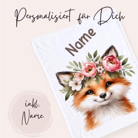 GRAZDesign Personalisierte Babydecke mit Fuchs und Blumenkranz, Geschenk zur Geburt und Geburtstag, weiche Kuscheldecke